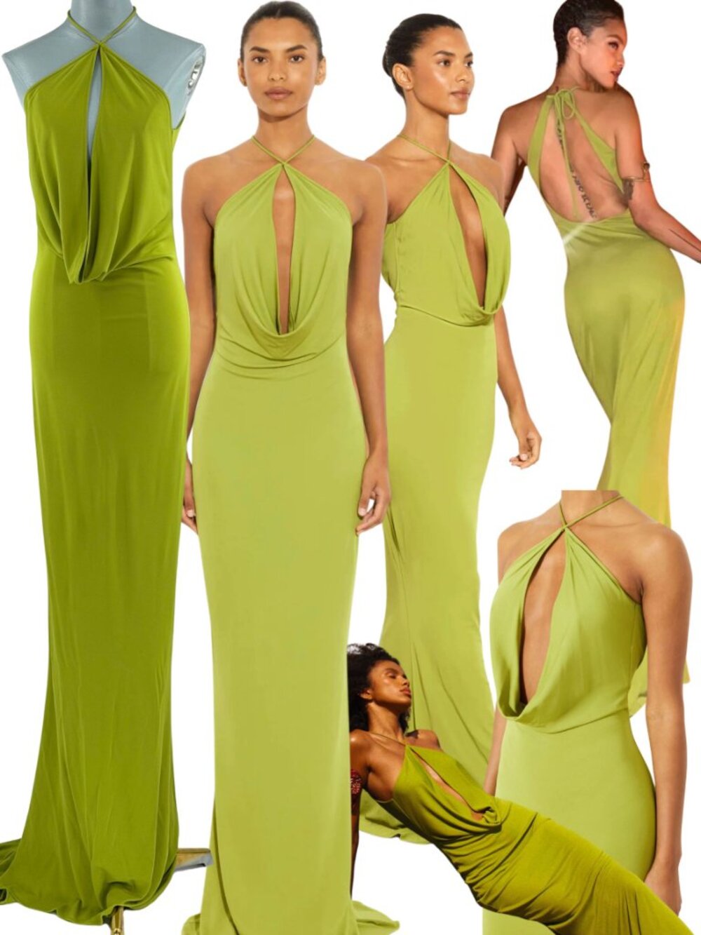 🆕 RAT & BOA 🧿 NWOT Giovana Cowl Keyhole Plunge Halter Maxi Dress, Green- Sz M